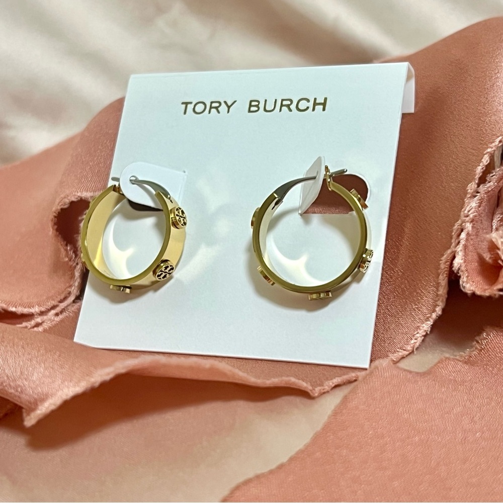 Tory Burch Miller Goldtone Logo Small Hoop Earrings - Picture 5 of 11